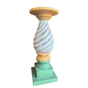 Vintage Hand Painted Ceramic Pillar Candle Holder Spiral Pedestal Green Yellow